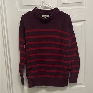 LOFT Burgundy and Red Striped Crewneck Sweater